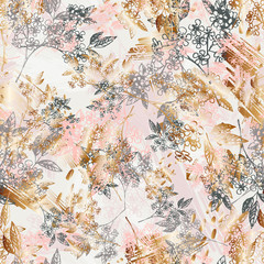 Floral outline spring seamless pattern. Vector composition for romantic backgrounds, wallpaper, covers. Light repeating background in white, gray, powder-pink and gold tones.