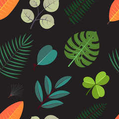 seamless pattern with green palm leaves. Floral tropical foliage on dark background.
