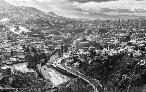 Sarajevo panorama in black and white