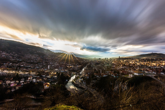 Sarajevo panorama with a sunstar