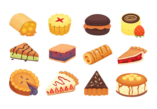 Sweets desserts objects collection, strawberry cakes, fruit and berry sweet pies with cream. Homemade bakery cake dessert pie vector set.