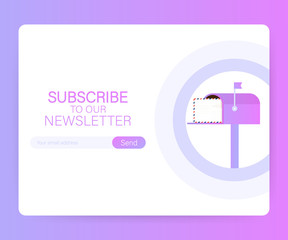 Email subscribe, online newsletter vector template with mailbox and submit button on laptop screen. Vector illustration. 