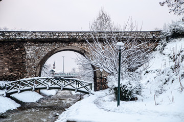 Ottoman Bridge in Bursa, Turkey at Winter