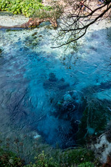Dark blue waters of the Blue Eye spring in Albania