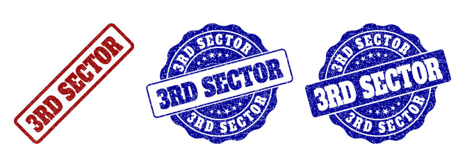 3RD SECTOR scratched stamp seals in red and blue colors. Vector 3RD SECTOR labels with grunge surface. Graphic elements are rounded rectangles, rosettes, circles and text labels.