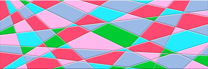 Illustration in stained glass style abstract background has lines and geometric shapes, pink, turquoise, red, green, gray. Plastic texture with the embossing, stained glass