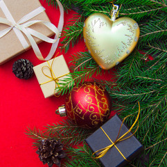 Christmas gift boxes on a rustic wooden background