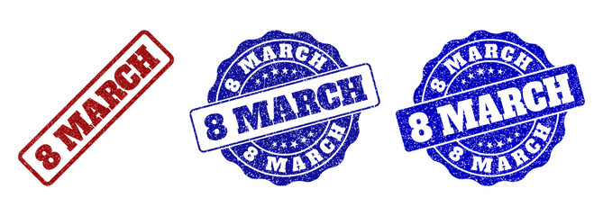 Obraz premium 8 MARCH grunge stamp seals in red and blue colors. Vector 8 MARCH marks with grunge effect. Graphic elements are rounded rectangles, rosettes, circles and text labels.