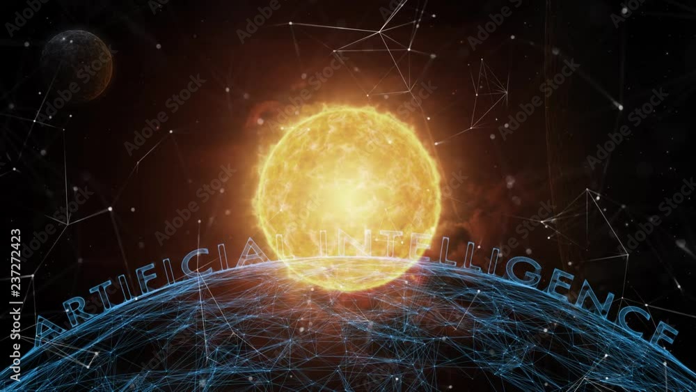 Poster artistic sun with artificial intelligence globe cyberspace in abstract universe.