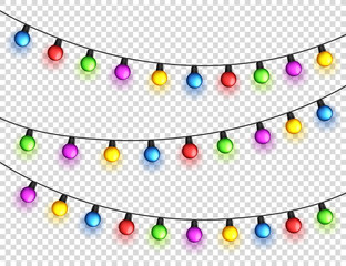 Christmas glowing lights. Garlands with colored bulbs. Xmas holidays. Christmas greeting card design element. New year,winter.