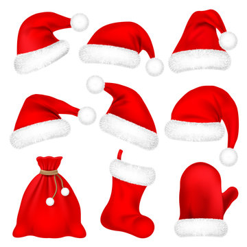 Christmas Santa Claus Hats With Fur Set, Mitten, Bag, Sock. New Year Red Hat Isolated on White Background. Winter Cap. Vector illustration.