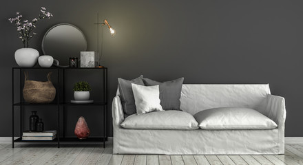 Sofa mit Regal und dunkler Wand