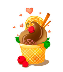 Bright chocolate ice cream with decor and hearts. Ice cream with cinnamon sticks, mint leaves, orange slice and berries