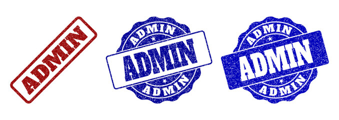 ADMIN scratched stamp seals in red and blue colors. Vector ADMIN labels with draft texture. Graphic elements are rounded rectangles, rosettes, circles and text labels.