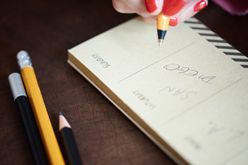 Woman's hand writing weekend plans in planner.