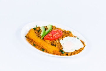 Ecuadorian national dish fried rice with chicken, egg and banana
