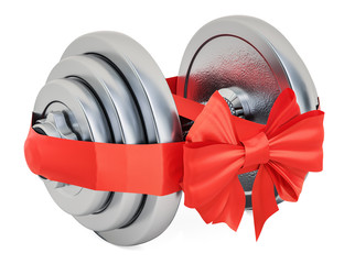 Dumbbell with bow and ribbon, gift concept. 3D rendering