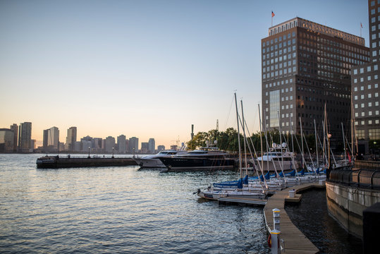 NEW YORK, USA &ndash; November 2,2018 : Sunset battery park views of boats in the marina