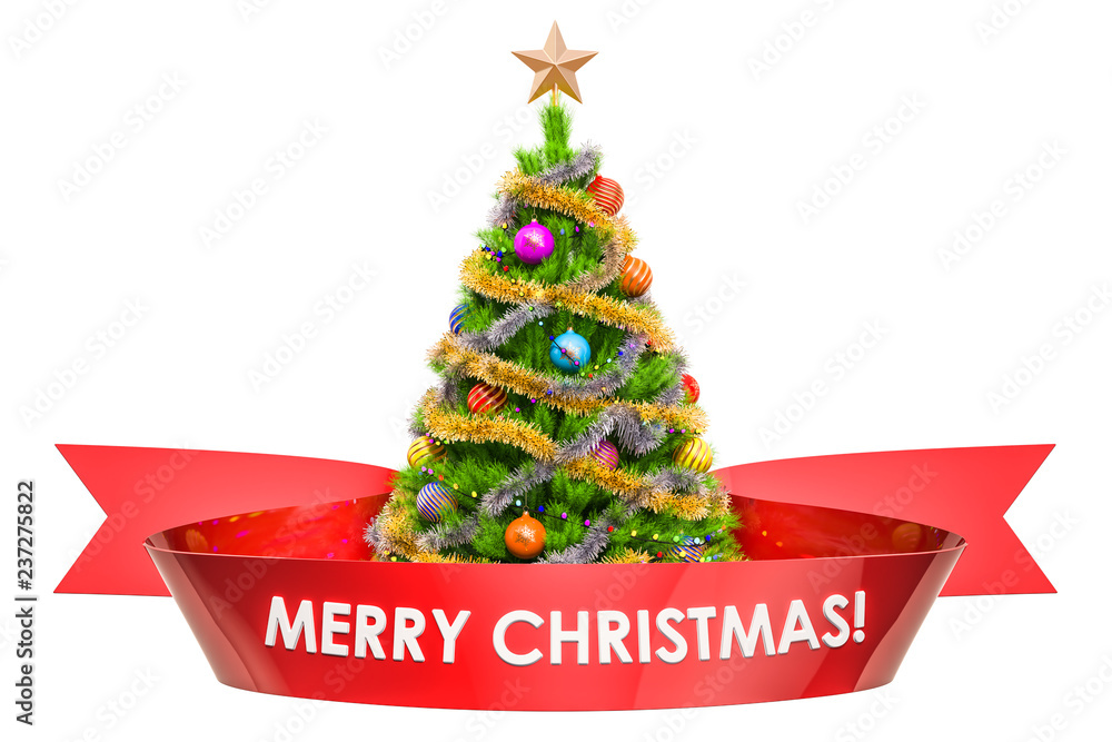 Poster merry christmas concept with christmas tree and text on the red ribbon, 3d rendering