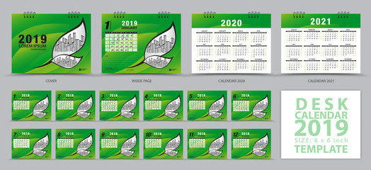 Desk calendar 2019 template, Set of 12 Months, Calendar 2019, 2020, 2021 artwork, Planner, Week starts on Sunday, Stationery design, advertisement, Vector layout, green cover design, brochure flyer