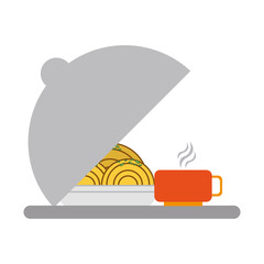 Noodles in dish dome and hot drink