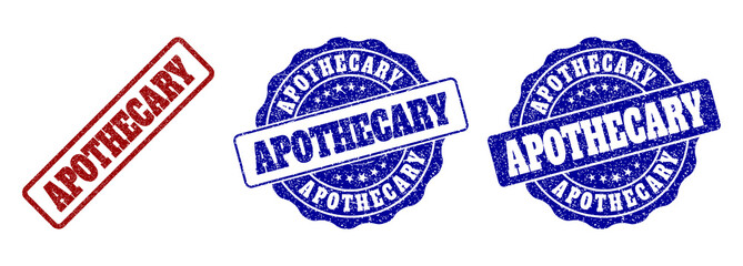 Obraz premium APOTHECARY grunge stamp seals in red and blue colors. Vector APOTHECARY overlays with grunge effect. Graphic elements are rounded rectangles, rosettes, circles and text titles.