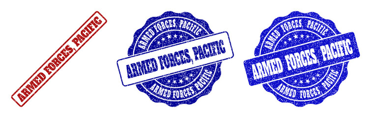 Fototapeta premium ARMED FORCES, PACIFIC grunge stamp seals in red and blue colors. Vector ARMED FORCES, PACIFIC watermarks with grunge effect. Graphic elements are rounded rectangles, rosettes,