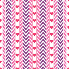 Vector purple and pink chevron and ribbon seamless pattern with red hearts and lines on a white background. Perfect Valentine's Day or love theme print for packaging, wrapping paper, scrapbooking.