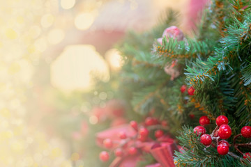Christmas background - branches, toys, highlights. Place for congratulations.