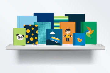 Obraz premium Children, kids Bookshelf. Front view of books cover standing on grey background with shadows. Vector illustration.