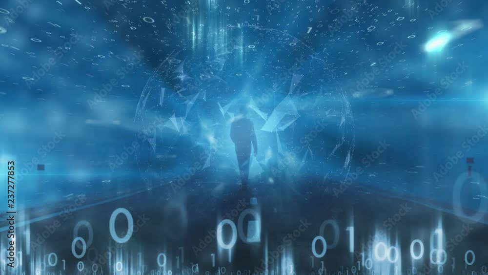 Poster futuristic walking on digital cyberspace road. artistic artificial intelligence computer background.