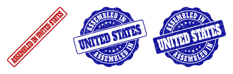 ASSEMBLED IN UNITED STATES grunge stamp seals in red and blue colors. Vector ASSEMBLED IN UNITED STATES overlays with dirty style. Graphic elements are rounded rectangles, rosettes,