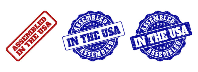 ASSEMBLED IN THE USA grunge stamp seals in red and blue colors. Vector ASSEMBLED IN THE USA overlays with grunge texture. Graphic elements are rounded rectangles, rosettes, circles and text captions.
