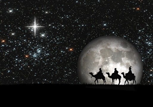 Reyes Magos, luna llena, estrellas, ilustración.