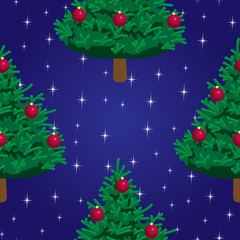 Christmas tree on dark background with stars - seamless vector pattern