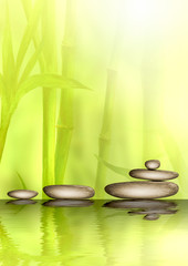 Stones and bamboo forest with reflection in water spa background. Watercolor illustration with space for text
