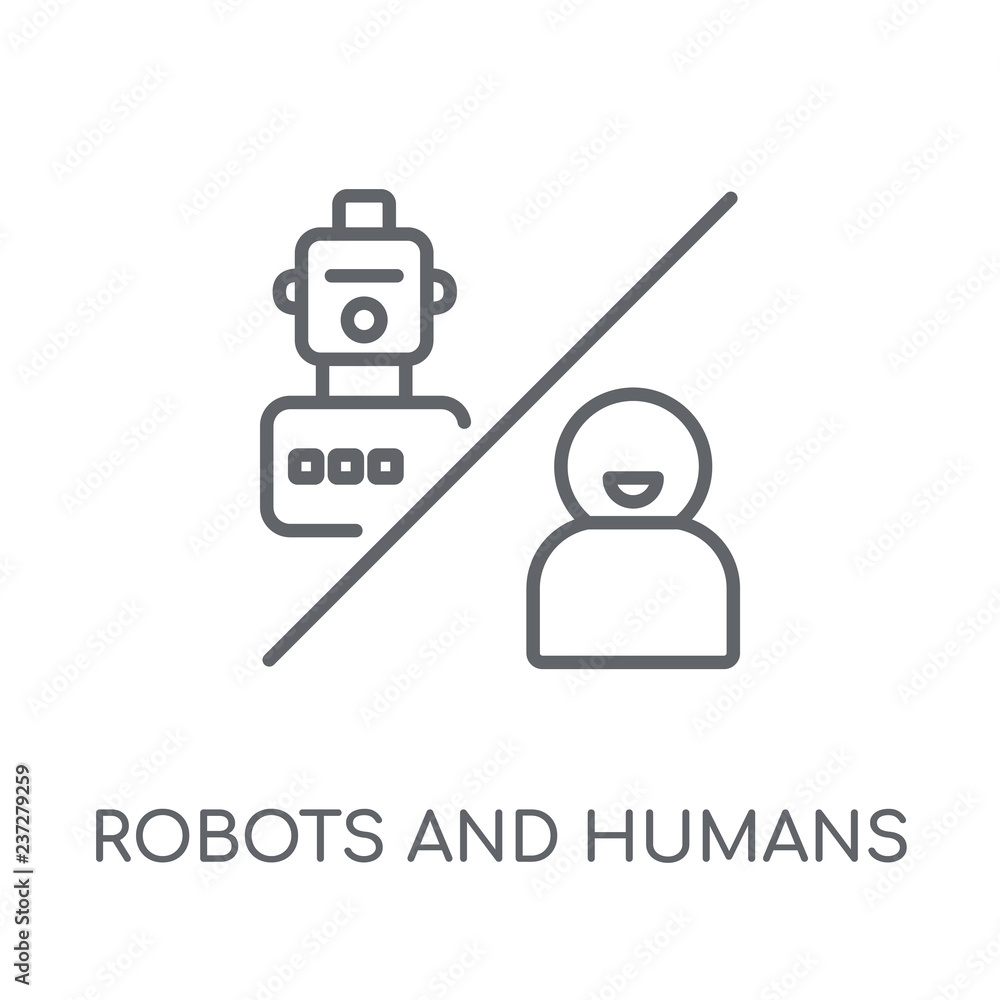 Poster robots and humans linear icon. modern outline robots and humans logo concept on white background fro