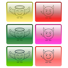 Set of multicolored buttons with the image of an angel and a demon. Vector graphics