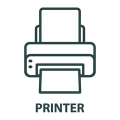 Printer and paper document outline icon isolated on white background. Sign for mobile concept and web design. Printing machine simple line vector icon. Print symbol vector illustration.