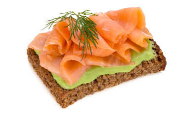 Bread with fresh salmon fillet isolated on white background, top view.