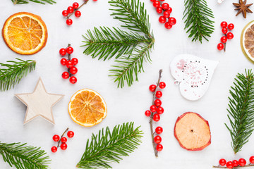 Christmas composition. Gifts, cones decorations on white background. Christmas, winter, new year concept. Flat lay, top view, copy space.  Flat lay. Top view.