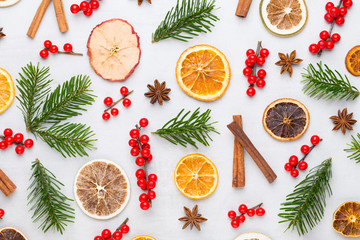 Christmas composition. Gifts, cones decorations on white background. Christmas, winter, new year concept. Flat lay, top view, copy space.  Flat lay. Top view.