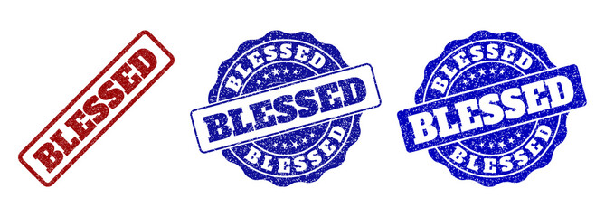 BLESSED scratched stamp seals in red and blue colors. Vector BLESSED marks with distress effect. Graphic elements are rounded rectangles, rosettes, circles and text tags.