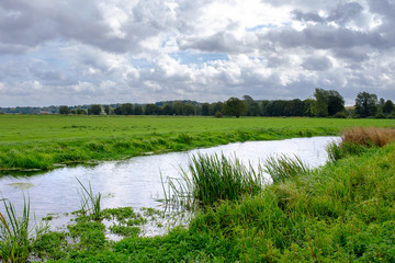 View across Norfolk flat wetland habitat with clouds on typical English late Summer day, Earsham Norfolk, UK