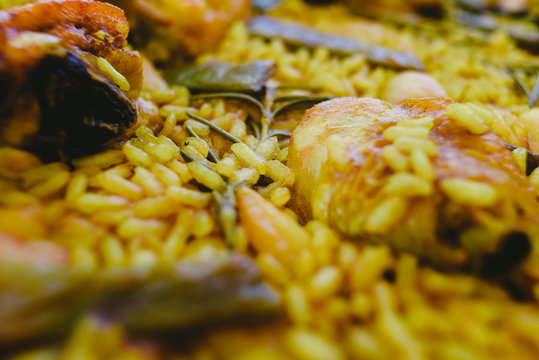 Close-up of the traditional Paella Valenciana Mediterranean dish