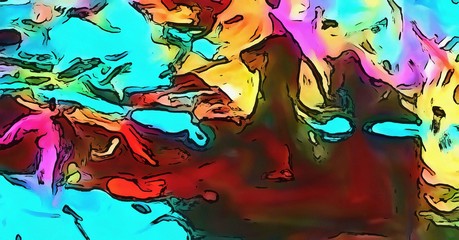 Chaotic lines on soft background in cartoon style. Abstract art in very bright juicy colors. Surreal painting texture. Psychedelic modern art. Warm saturated backdrop. Funny style crazy artwork.