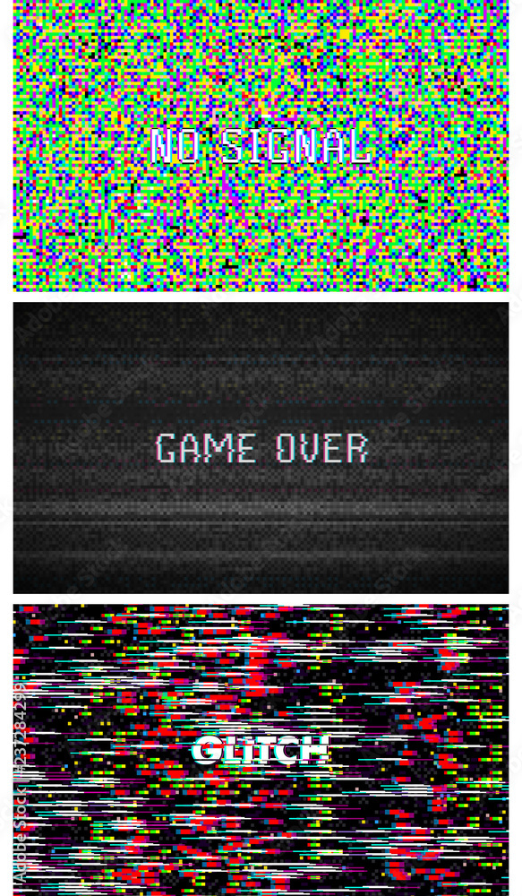 Aufkleber glitch texture pixel noise. test tv screen digital vhs background. set of error computer video. abst
