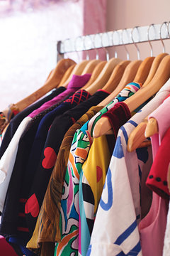 Close up of vintage clothing on a store rack