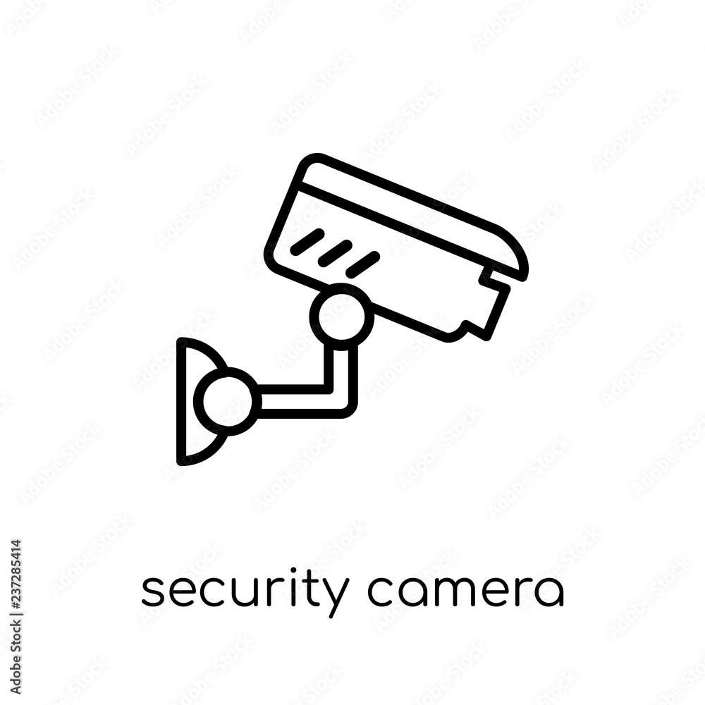 Poster security camera icon. trendy modern flat linear vector security camera icon on white background from
