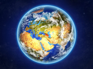 Caucasus region from space. Planet Earth with country borders and extremely high detail of planet surface and clouds.